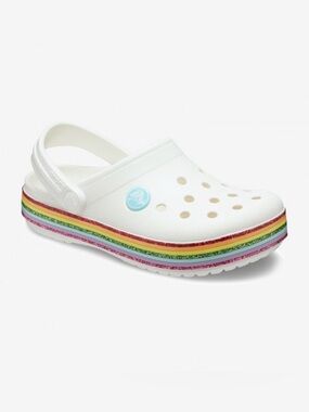 CROCS Kids White Clog with Rainbow Stripe Platform